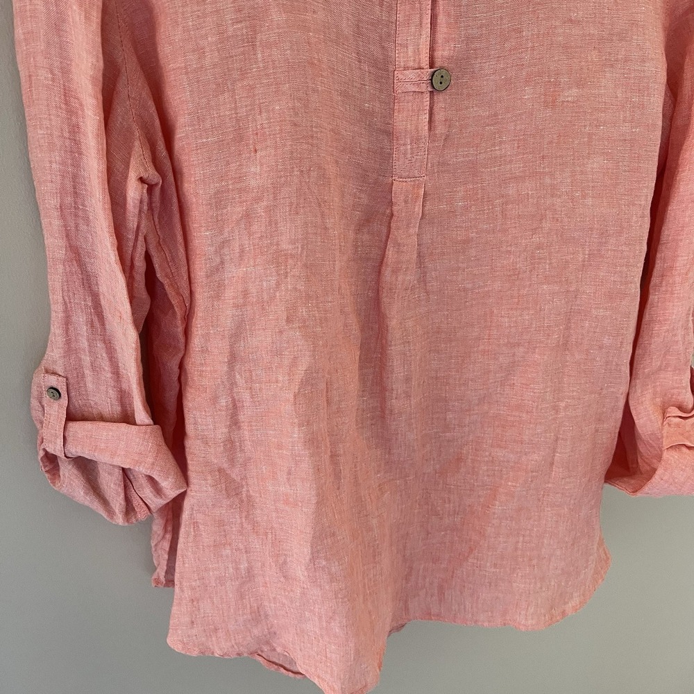 Sigrid Olsen Linen Tunic Women's L Collared Popover Top Button Roll Tab Peach - Picture 3 of 11